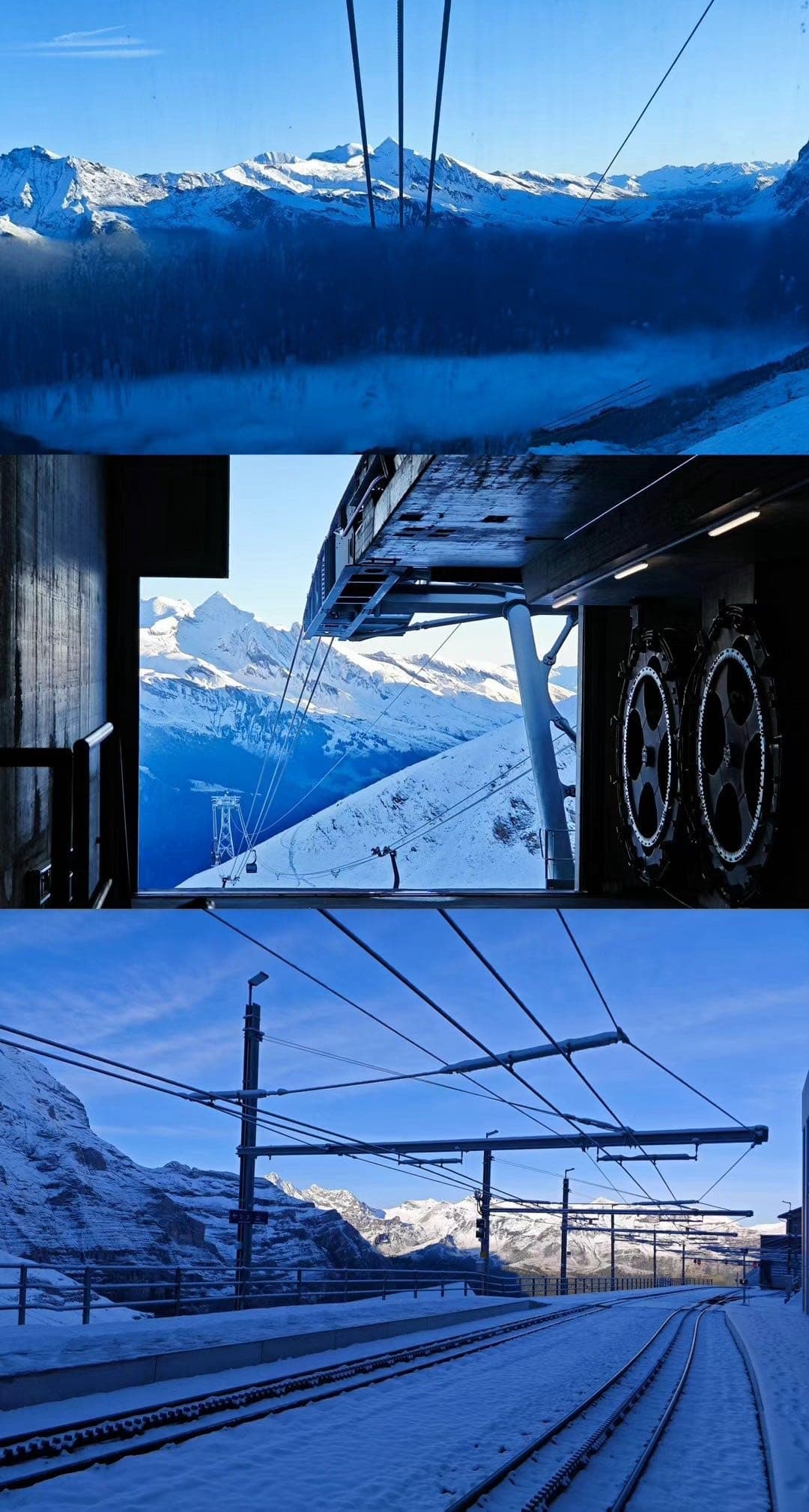 少女峰铁路与山地车站视角拼接，窗外可见雪山