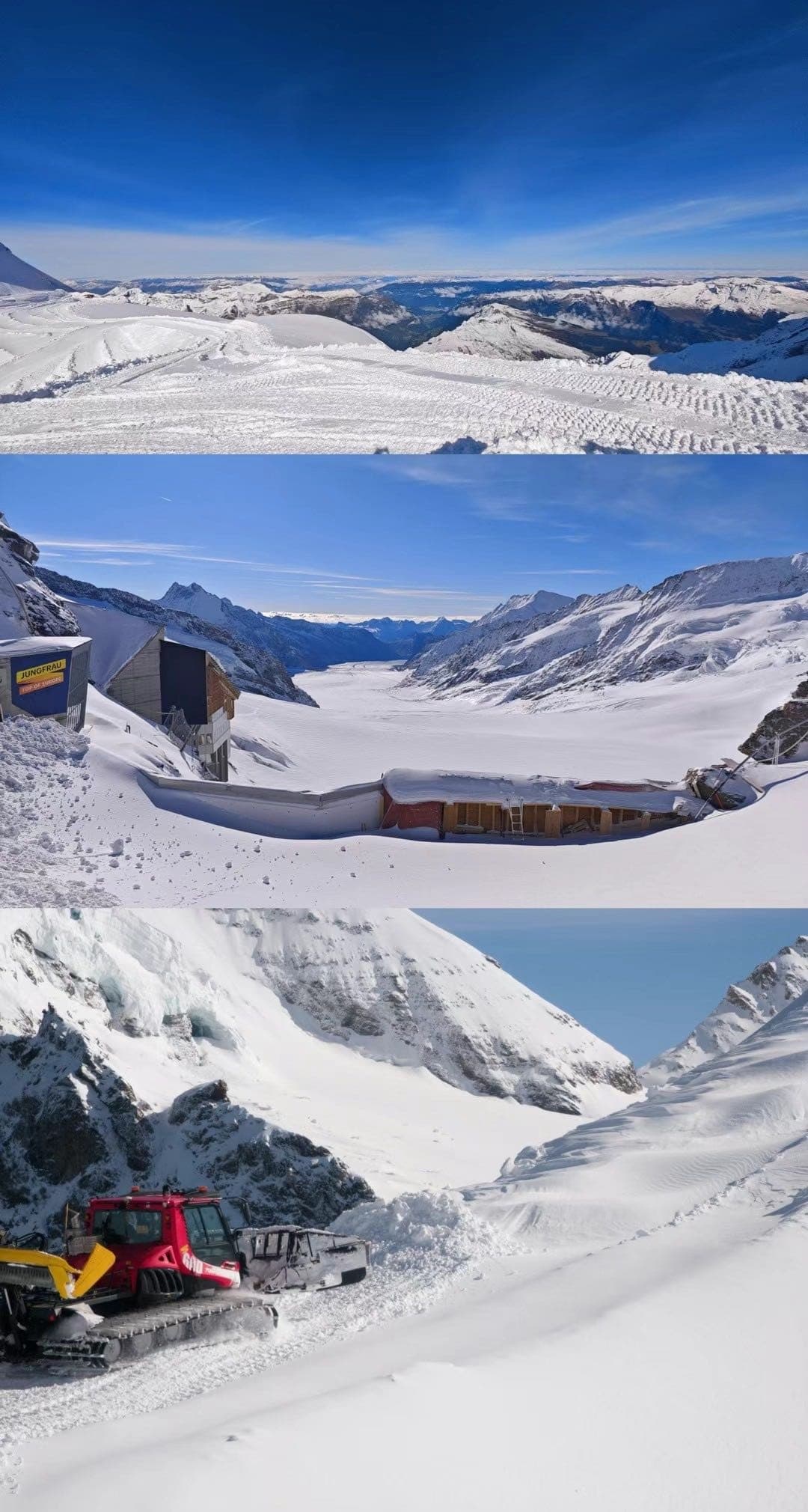少女峰冰川与雪原视角拼接，白色山脊向远处延伸