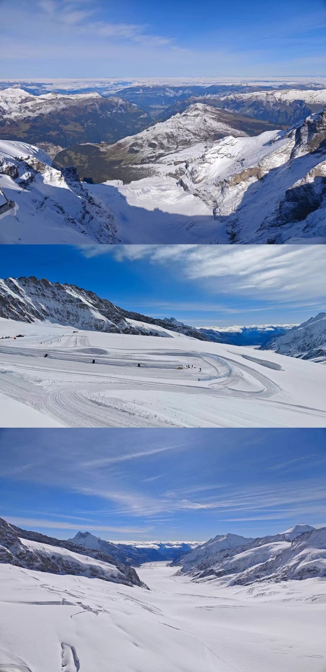 少女峰雪原与山谷远景拼接，远处群山层层展开