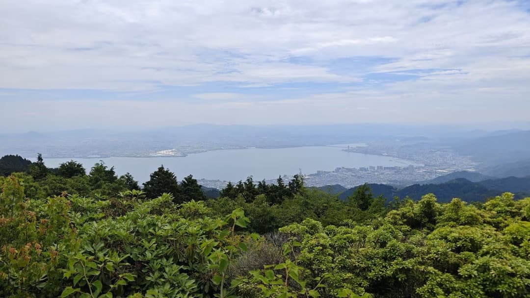 从山顶远眺琵琶湖与绿色山坡