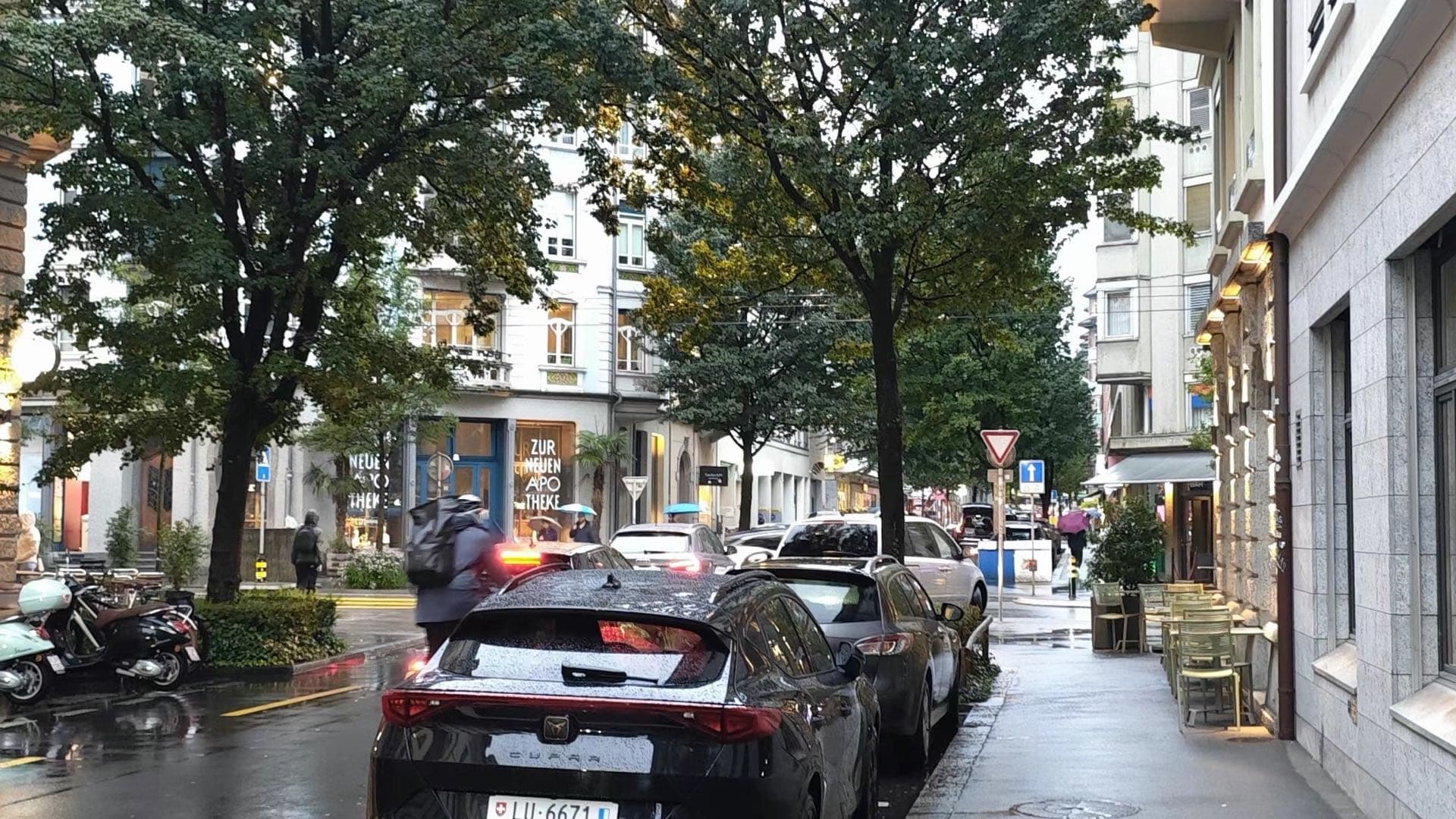 瓦杜兹雨后街道，路边停着车辆，两侧有树和店铺