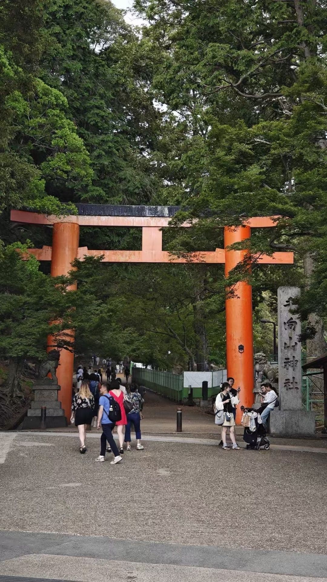春日大社参道前的朱红鸟居和游客