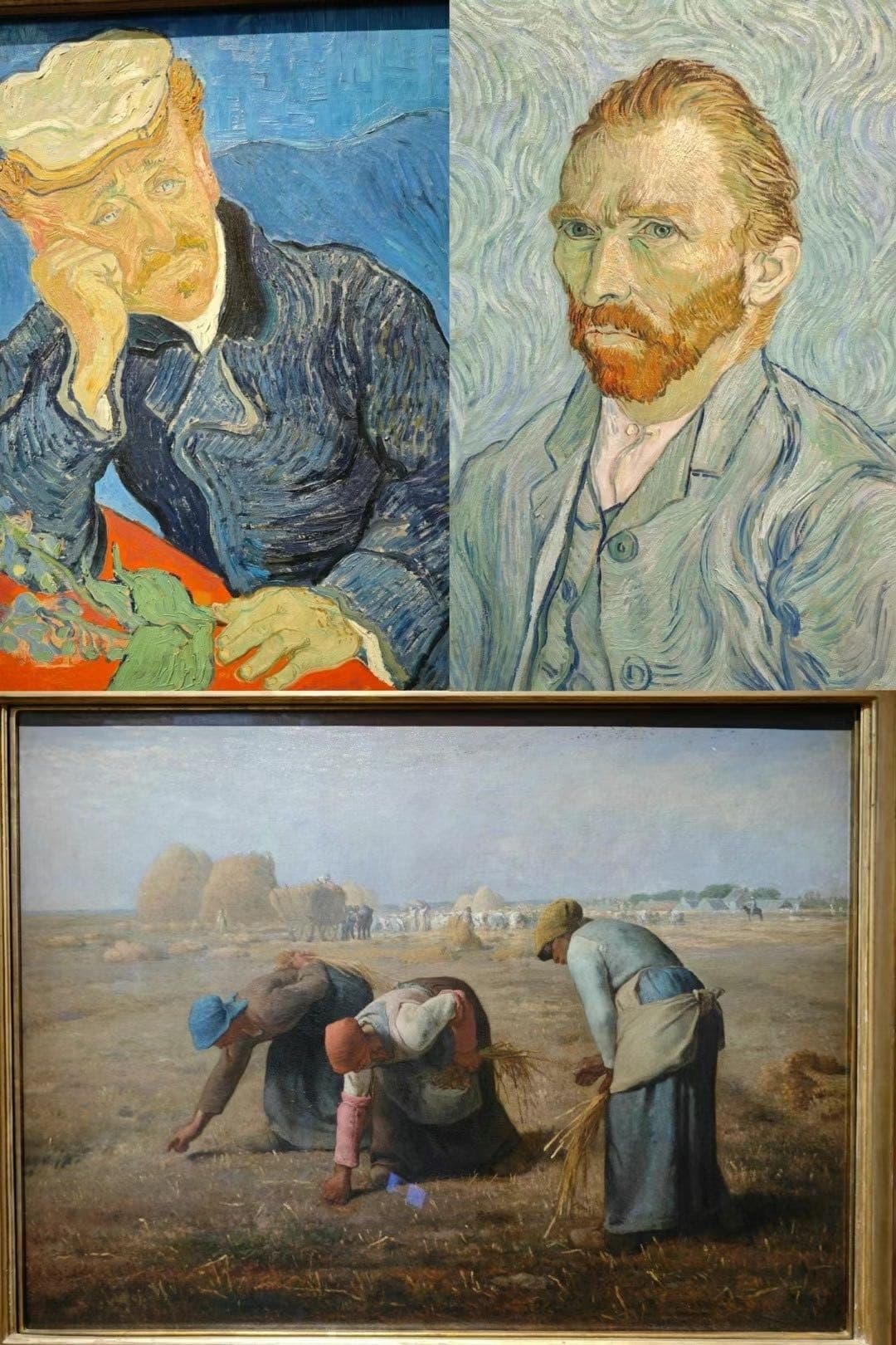 美术馆画作拼接，上方为梵高肖像，下方为田间人物画