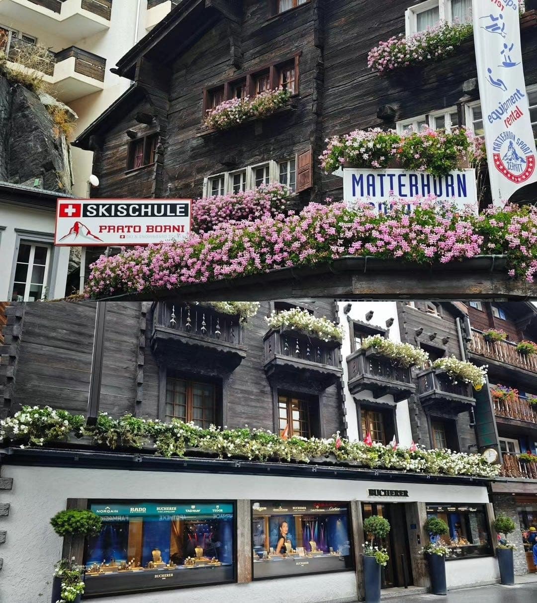 采尔马特带花木屋和户外运动店招牌拼接